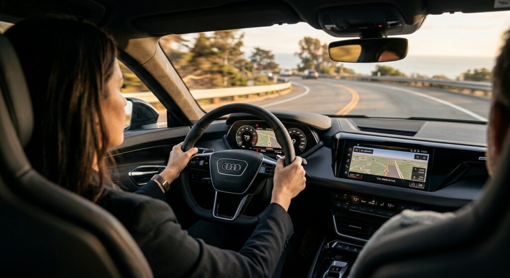 אישה נוהגת ברכב אאודי יוקרתי, מבט מתוך תא הנוסעים המציג את ההגה, לוח המחוונים הדיגיטלי ומערכת הניווט