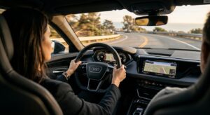 אישה נוהגת ברכב אאודי יוקרתי, מבט מתוך תא הנוסעים המציג את ההגה, לוח המחוונים הדיגיטלי ומערכת הניווט