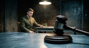 פטיש שופט מעץ בולט בחזית התמונה, וברקע חייל במדים יושב מודאג בחדר חקירות אפלולי, מסמל הליך משפט צבאי.