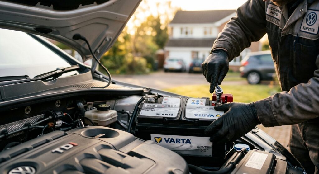 מוסכניק מקצועי של פולקסווגן מחליף מצבר לרכב מסוג Varta תחת מכסה המנוע באמצעות מפתח ברגים.