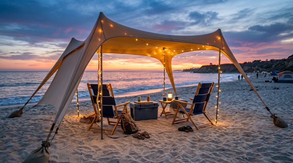 מתחם קמפינג בחוף הים בשקיעה עם אוהל צלייה מעוצב, שרשרת תאורה, כיסאות קמפינג נוחים וצידנית