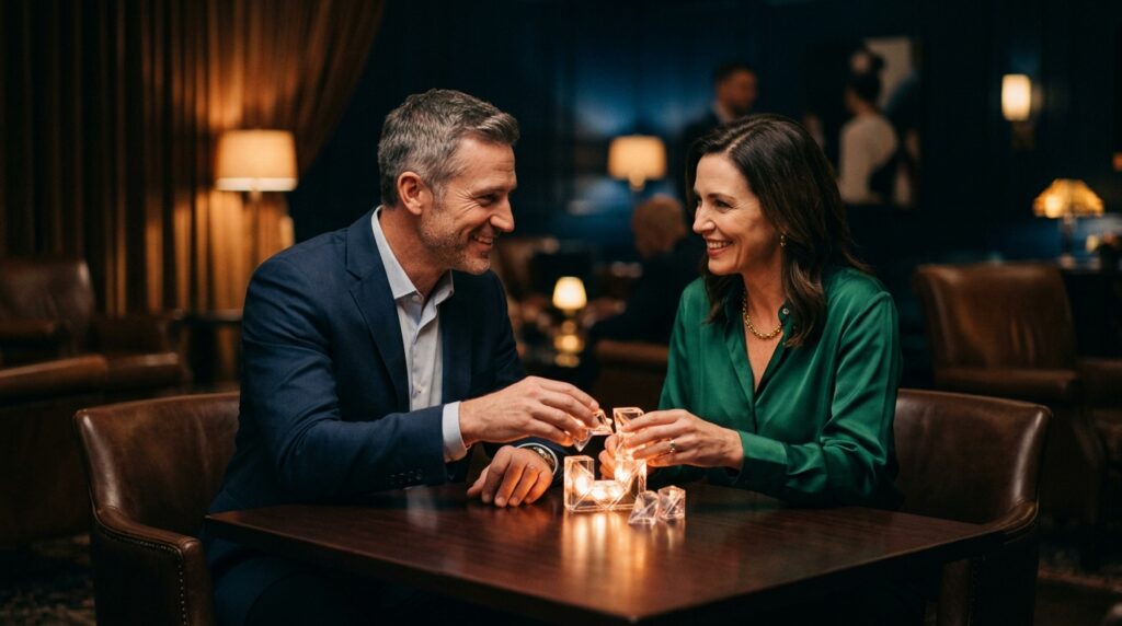 זוג בוגר ומאושר בדייט רומנטי, מחייכים ומשחקים יחד בחלקי פאזל מוארים על שולחן עץ בלאונג' אלגנטי ויוקרתי.