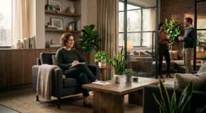 מטפלת מקצועית מחייכת ויושבת בכורסה עם מחברת בקליניקה מודרנית ומעוצבת, כשברקע זוג משוחח בפינת המתנה מאחורי דלתות זכוכית