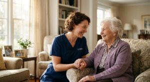 מטפלת סיעודית ואישה קשישה מחייכות אחת לשנייה ומחזיקות ידיים בסלון הבית