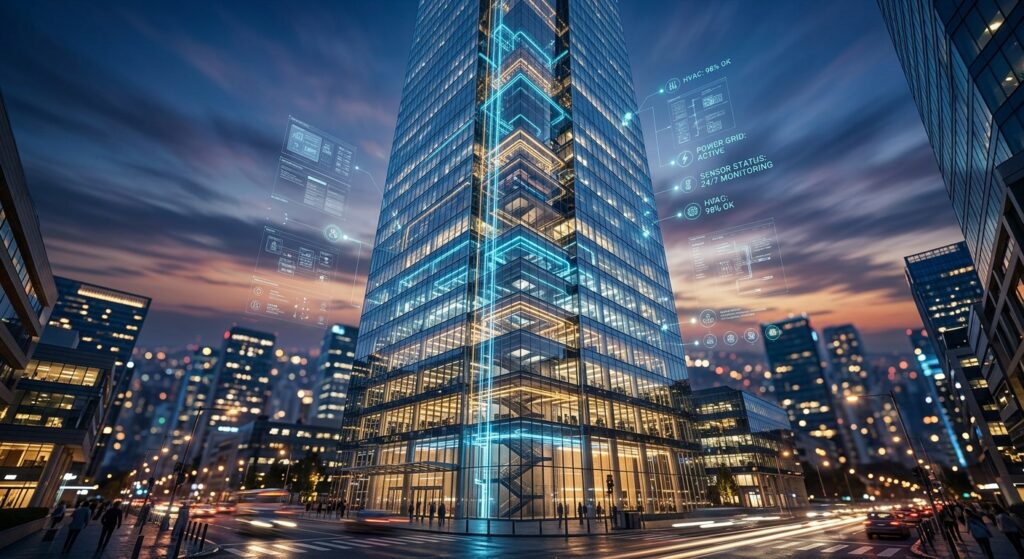 גורד שחקים מתקדם המציג טכנולוגיות בניין חכם ומערכות ניהול מבנה (BMS) באמצעות ממשק נתונים הולוגרפי צף, על רקע נוף עירוני מודרני בשעות הערב.