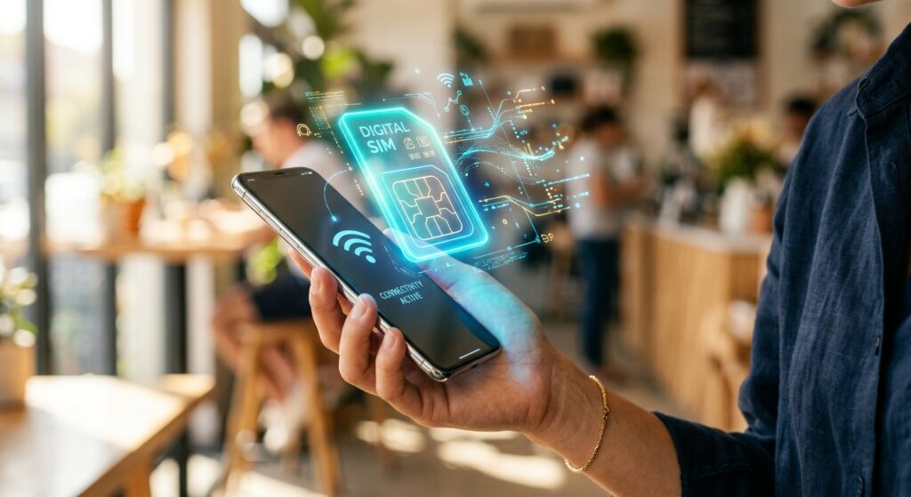אדם מחזיק סמארטפון המציג הולוגרמה כחולה וזוהרת של כרטיס סים דיגיטלי (eSIM) וסמלי קישוריות לרשת בבית קפה.