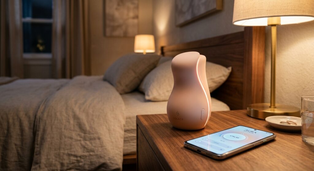 מכשיר תאורה חכם ומרגיע על שידת עץ בחדר שינה, לצד סמארטפון עם אפליקציית שליטה הפתוחה על מצב רגיעה