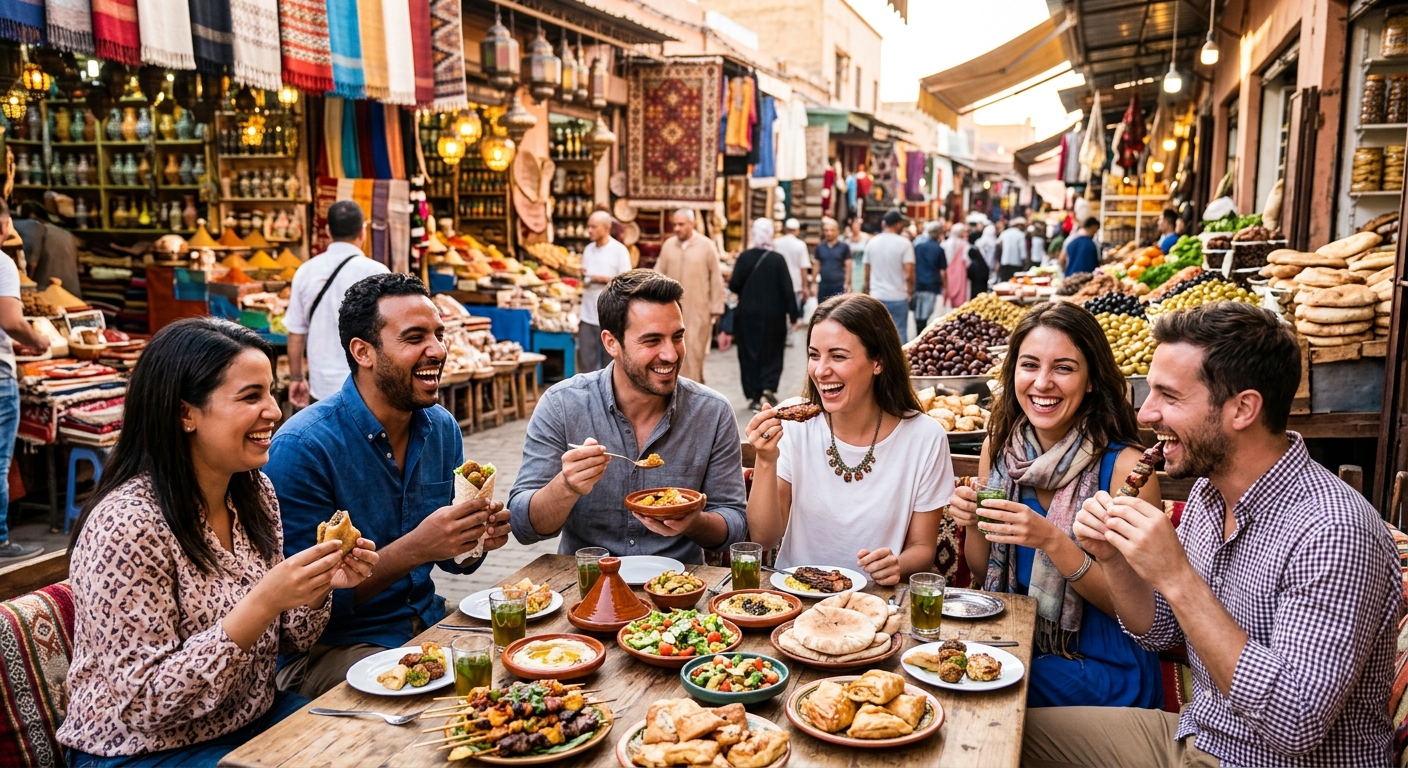 קבוצת חברים צוחקים ונהנים מארוחה של מאכלים מסורתיים כמו קבב, פיתות וסלטים סביב שולחן עץ בשוק מזרח תיכוני תוסס וצבעוני.